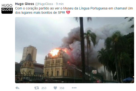 Hugo Gloss lamenta incêndio em museu de São Paulo (Foto: Twitter / Reprodução)