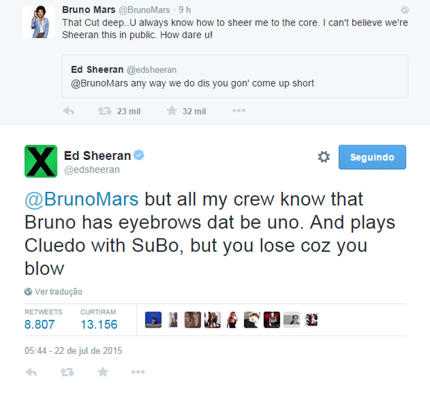 Bruno Mars e Ed Sheeran em post no Twitter (Foto: Reprodução)