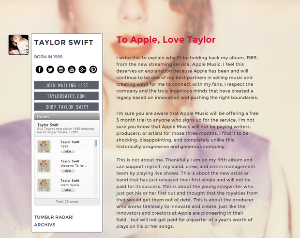 Carta aberta de Taylor Swfit para a Apple (Foto: Reprodução/Tumblr)