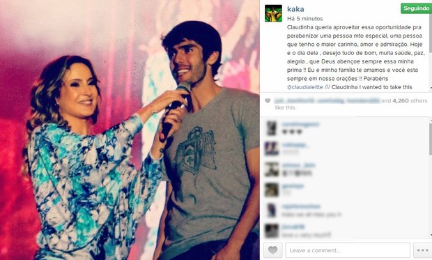 Kaká manda mensagem para Claudia Leitte em rede social (Foto: Instagram / Reprodução)