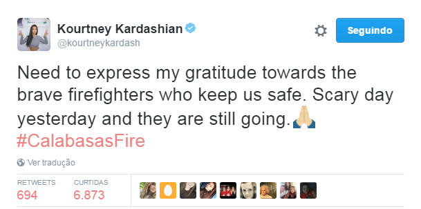 Kourtney Kardashian faz post sobre incêndio (Foto: Reprodução / Twitter)