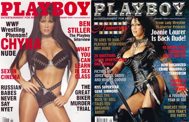 Joanie Laurer nas capas da ‘Playboy’ em novembro de 2000 e em janeiro de 2002 (Foto: Reprodução/ Internet)