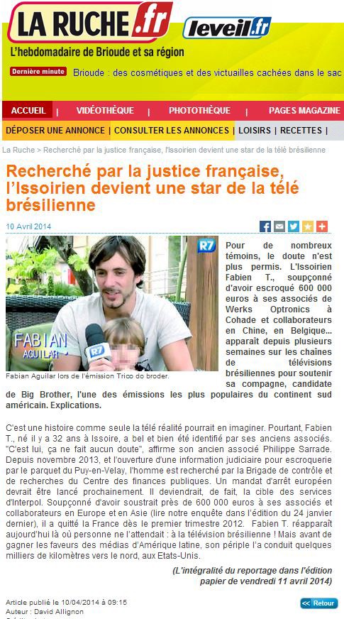 Matéria sobre Fabien em jornal francês (Foto: Reprodução / Site laruche.fr)