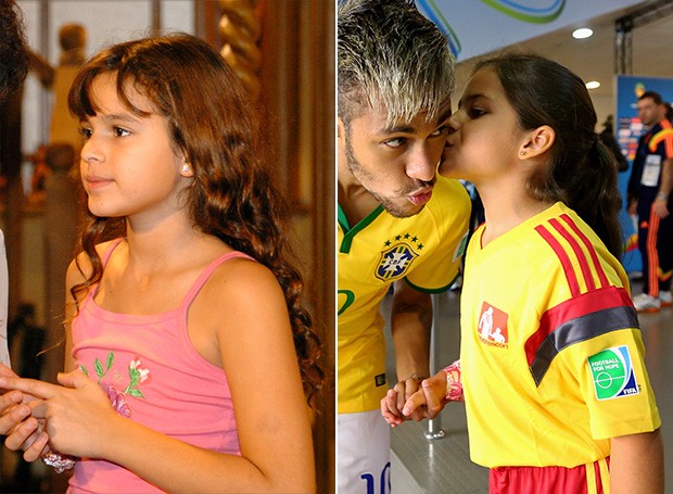 Bruna Marquezine e Neymar com torcedora mirim (Foto: Márcio de Souza / TV Globo | Getty)