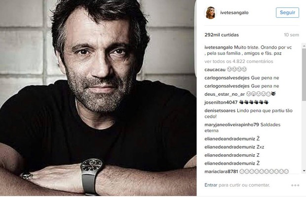 Post de Ivete Sangalo em homenagem a Domingos Montagner, no dia da morte do ator, em 15 de setembro, teve 292 mil curtidas (Foto: Reprodução/Instagram)