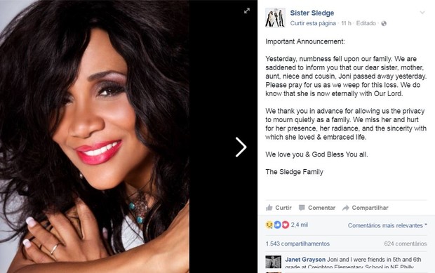 Nota sobre a morte de Joni Sledge foi divulgada no Facebook (Foto: Reprodução/Facebook)