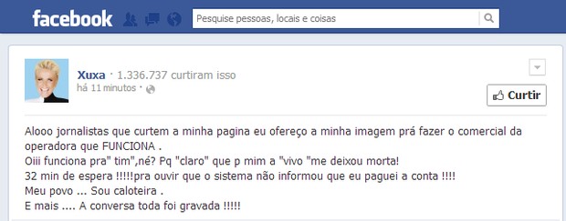 Xuxa reclama da telefonia (Foto: Reprodução/ Facebook)