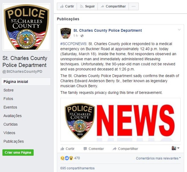 Departamento de Polícia do Condado de St. Charles confirma morte do músico Chuck Berry no Facebook (Foto: Reprodução do Facebook)