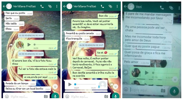 Troca de mensagens entre Veridiana Freitas e empresária (Foto: Reprodução/reprodução)