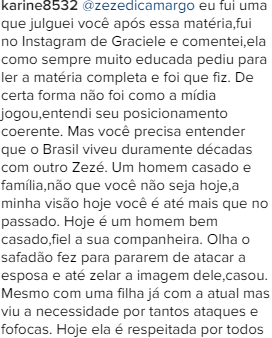 Zezé rebate seguidora no Instagram. (Foto: Reprodução/Instagram)