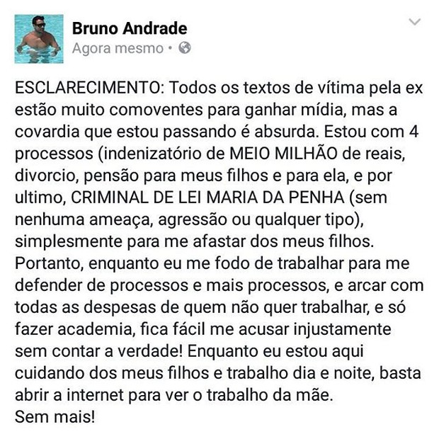 Bruno Andrade, ex-marido de Priscila Pires, em post na web (Foto: Reprodução)