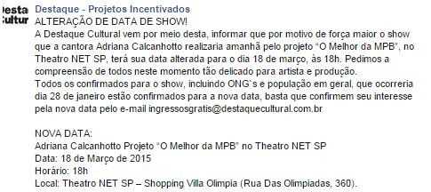 Adriana Calcanhotto Projeto “O Melhor da MPB” no Theatro NET SP (Foto: Reprodução / Facebook)