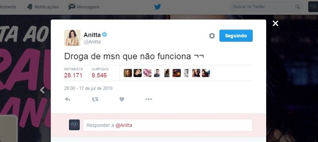 Anitta reclama do MSN em tweet antigo (Foto: Reprodução/Twitter)