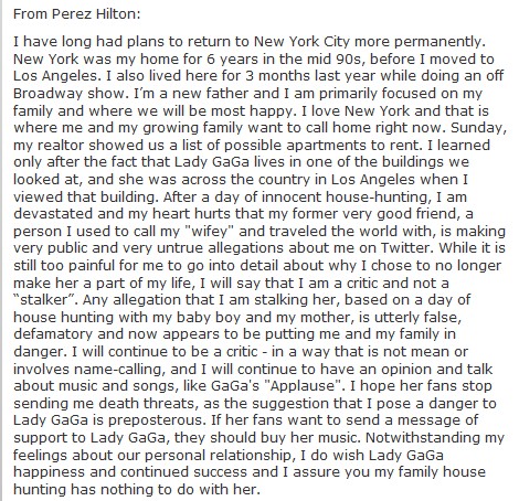 Comunicado Perez Hilton em seu blog (Foto: Reprodução)