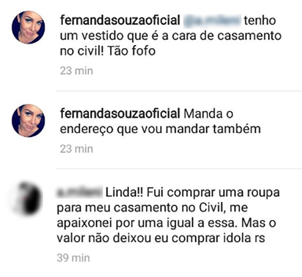 Fernanda Souza doa vestido para seguidora (Foto: Reprodução/Instagram)