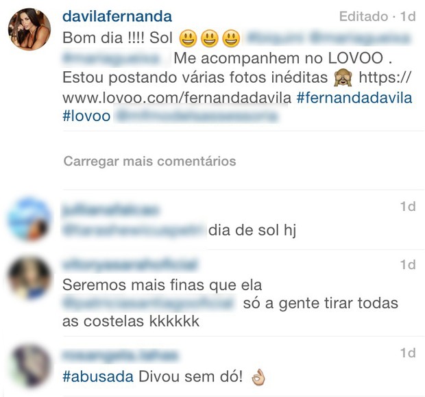 Comentários em foto de Fernanda Davila (Foto: Instagram / Reprodução)