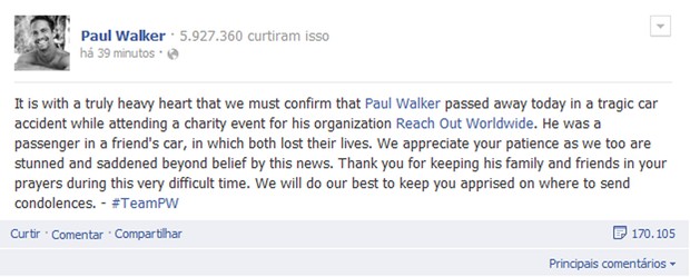 Representante do ator confirmando a morte no Facebook (Foto: Reprodução/Facebook)