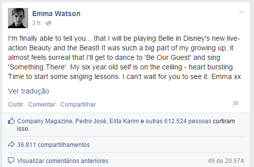 Emma Watson no Facebook (Foto: Reprodução)