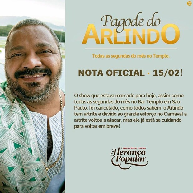 Comunicado de Arlindo Cruz sobre cancelamento de show em São Paulo (Foto: Reprodução/Facebook)