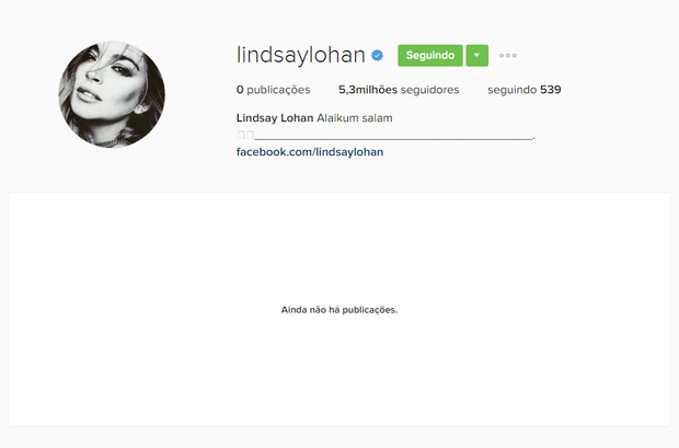 Perfil do Instagram de Lindsay Lohan não tem mais nenhuma publicação (Foto: Reprodução / Instagram)
