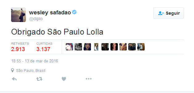 DJ Diplo agradece ao público de São Paulo pelo sucesso no festival (Foto: Reprodução / Twitter)