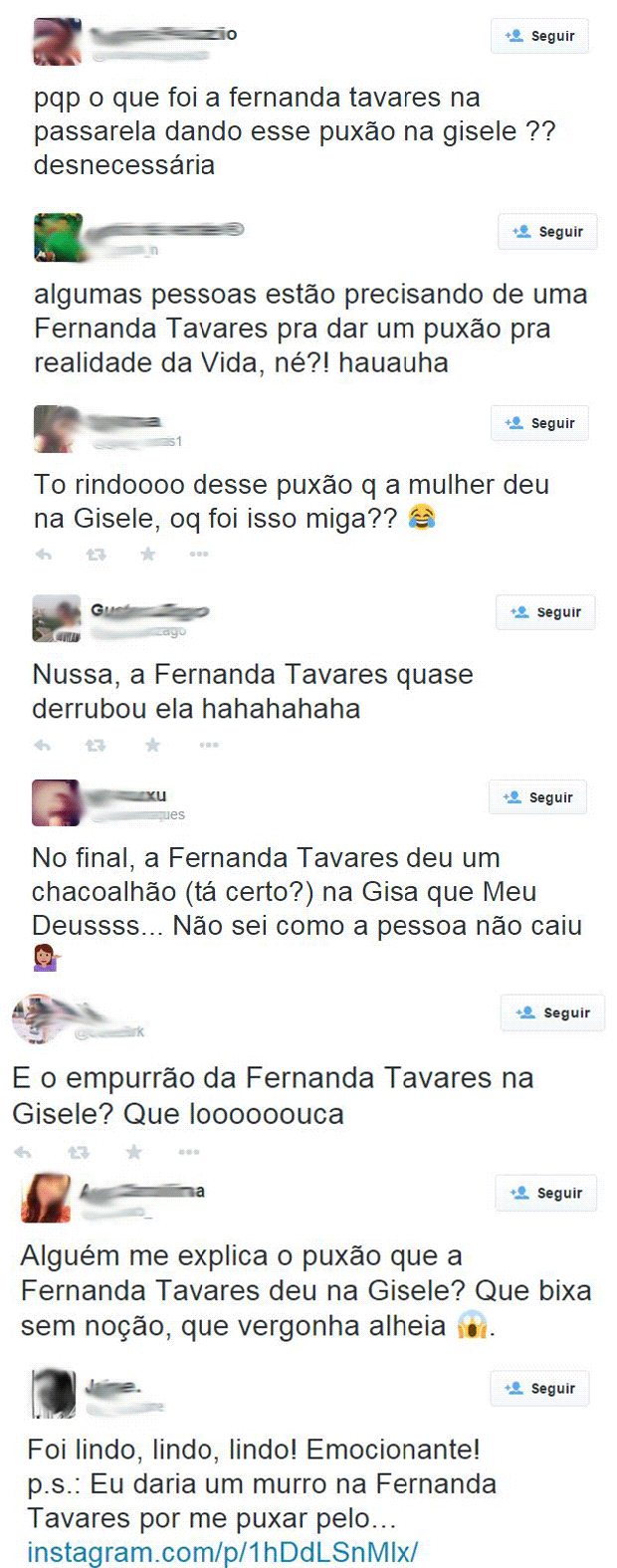 Leitores comentam puxão de Fernanda Tavares em Gisele (Foto: Twitter / Reprodução)