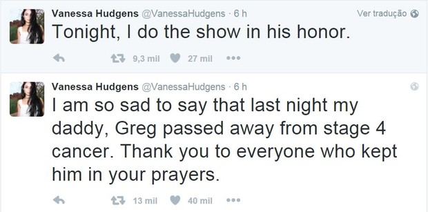 Vanessa Hudgens noticiou a morte do pai pelo Twitter (Foto: Reprodução/Twitter)