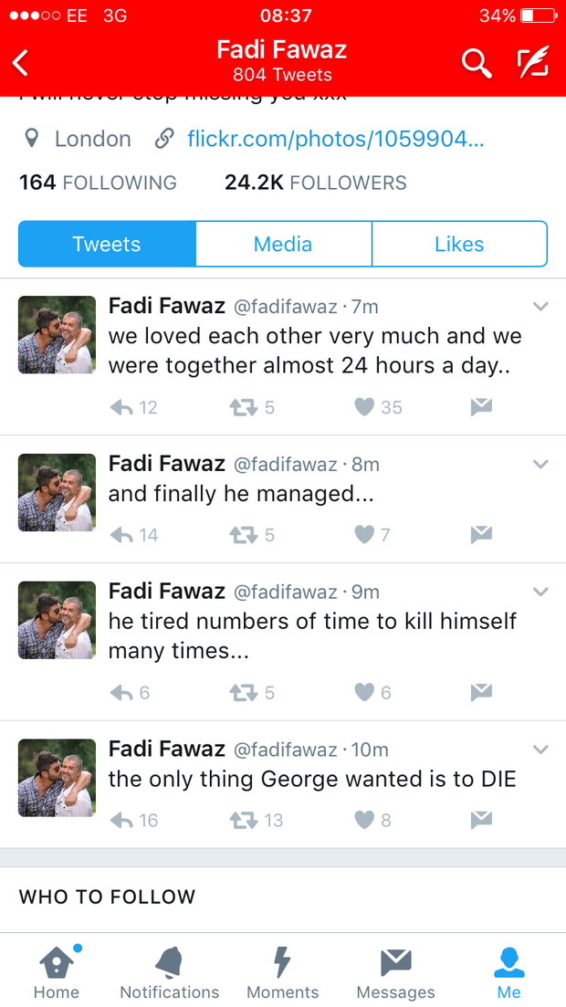 Fadi Fawaz, ex-namorado de George Michael, afirma que o cantor teria se suicidado (Foto: Reprodução / Twitter)