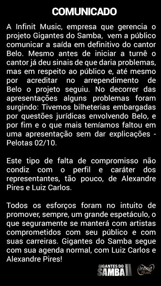 Infinit Music anuncia que Belo está fora do projeto Gigantes do Samba (Foto: Reprodução/Facebook)