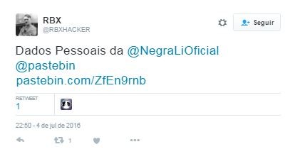 Hacker divulga informações pessoais da cantora Negra Li (Foto: Reprodução / Twitter)