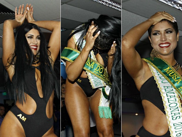 Candidata tirando a peruca no concurso Musa do Brasil em São Paulo (Foto: Celso Tavares/ EGO)