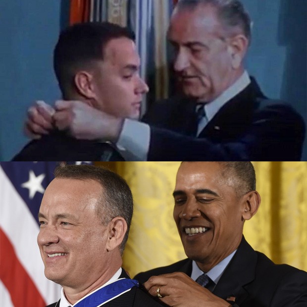 Tom Hanks em 1968 (em Forest Gump) e 2016 com Barack Obama (Foto: Reprodução / Forrest Gump - Saul Loeb / AFP)