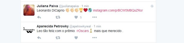 Juliana Paiva e Aparecida Petrowky comentam vitória de Leonardo DiCaprio no Oscar 2016 (Foto: Reprodução/Twitter)