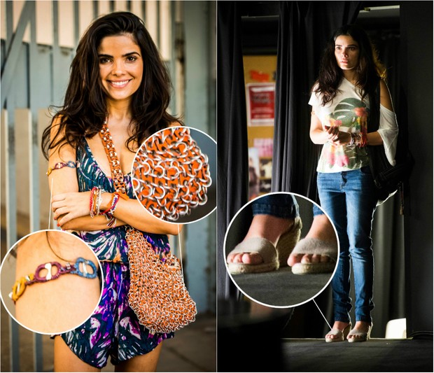 Bonito e barato: Vestidos floridos e leves são usados por Tóia (Vanessa Giácomo). Sandália de corda e acessórios feitos em materiais recicláveis prometem entrar na moda (Foto: TV Globo/Divulgação)