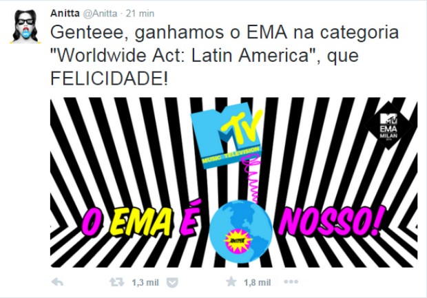 Anitta comemora prêmio no Twitter (Foto: Reprodução / Twitter)