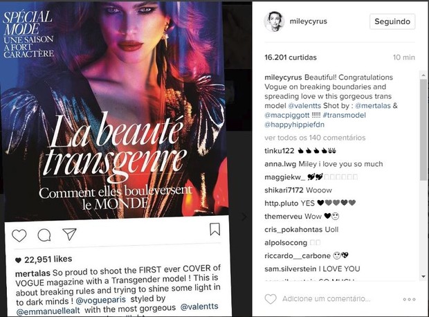 Miley Cyrus fez post elogiando capa de Valentina Sampaio (Foto: Reprodução/Instagram)