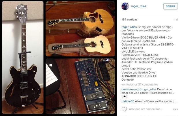 Roger Regelmeier Dias mostra os instrumentos roubados (Foto: Reprodução/Instagram)