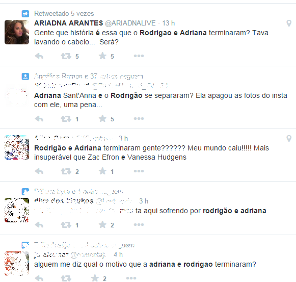 Fãs comentam sobre possibilidade de fim do namoro de Rodrigão e Adriana (Foto: Reprodução/Twitter)