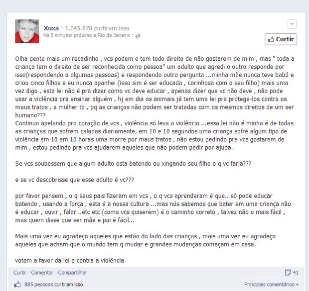 Xuxa desabafa no Facebook (Foto: Facebook / Reprodução)