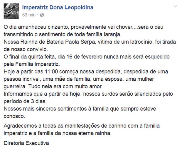 Imperatriz Dona Leopoldina decreta luto de três dias em mensagem no Facebook (Foto: Reprodução)