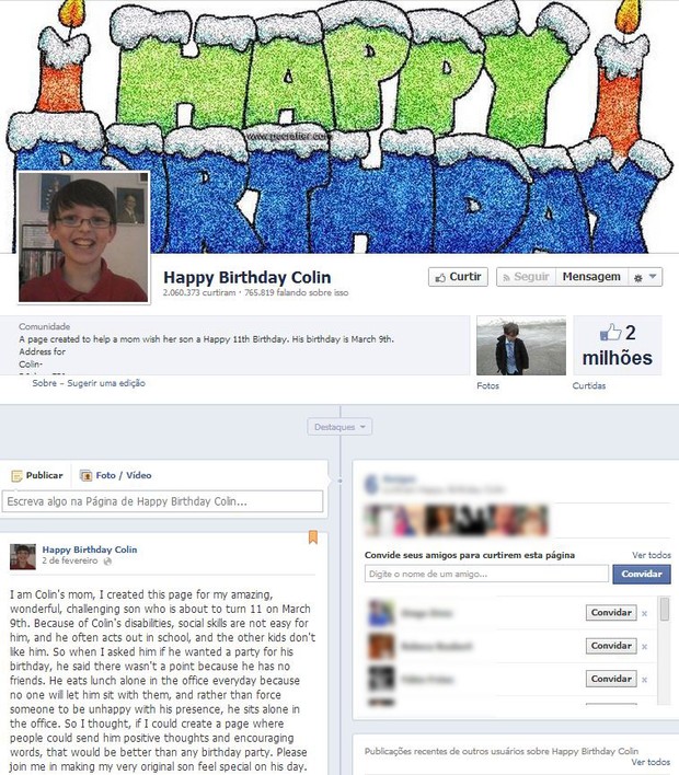 Página especial de aniversário de Colin  (Foto: Reprodução / Facebook)