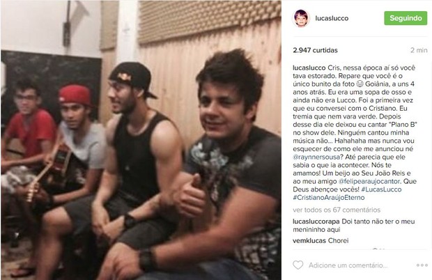 Lucas Lucco faz post em homenagem a Cristiano Araújo (Foto: Reprodução / Instagram)