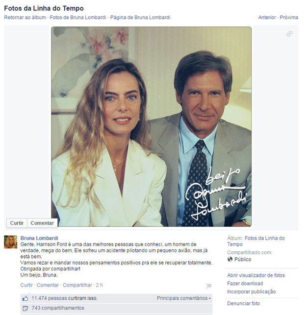 Bruna Lombardi com Harrison Ford (Foto: Facebook/Reprodução)