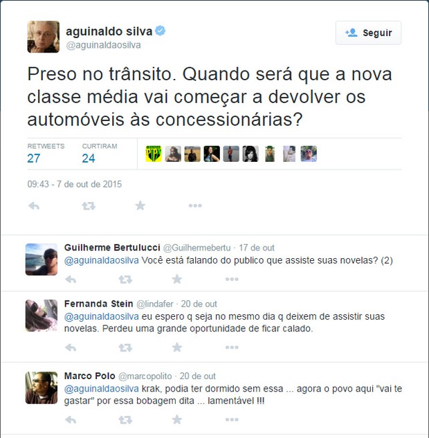 Aguinaldo Silva é criticado por usuários do Twitter (Foto: Twitter / Reprodução)