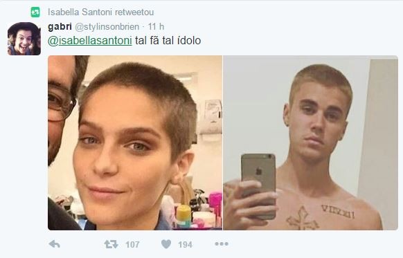 Isabella Santoni raspa o cabelo e é comparada a Justin Bieber na web (Foto: Reprodução / Twitter)