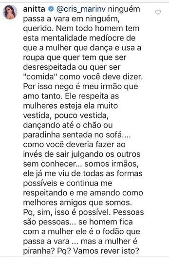 Anitta responde comentário machista em post de Nego do Borel (Foto: reprodução/instagram)