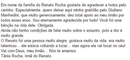 Tania sobre morte do irmão, Renato Rocha (Foto: Reprodução / Facebook)