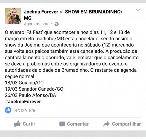 Joelma tem show cancelado (Foto: Facebook / Reprodução)