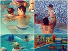 Juliano Cazarré se diverte com os filhos na piscina
