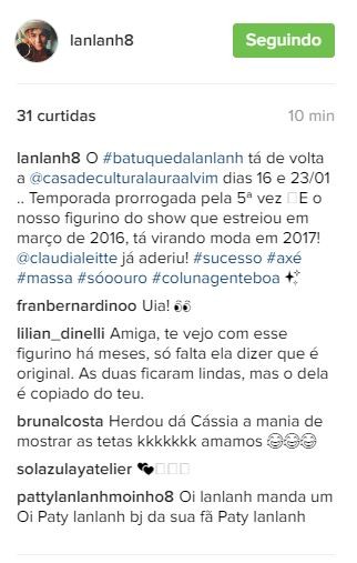 Lan Lanh fala de figurino usado por Claudia Leite e fãs dizem que cantora copiou percusionista (Foto: Reprodução do Instagram)